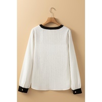 White Textured Colorblock V Neck Elegant Blouse - L thumbnail