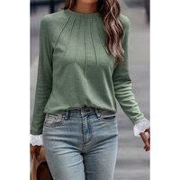 Grass Green Seam Detail Lace Contrast Cuffs Raglan Sleeve Top - L thumbnail