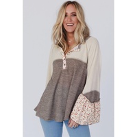 Goat Colorblock Floral Patchwork Flared Sleeve Buttons Henley Top - L thumbnail