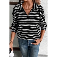 Black Stripe Textured Quarter Zip Collar Long Sleeve Top - L thumbnail