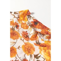 Orange Floral Printed Bell Sleeve Mock Neck Scallop Trim Blouse - L thumbnail