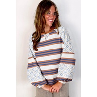 White Striped Floral Printed Patchwork Lantern Sleeve Blouse - L thumbnail