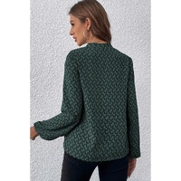 Green Geometric Print Notched Neck Puff Sleeve Blouse - L thumbnail