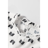 White Bow Knot Print Piping Trim Ruffled Crew Neck Blouse - L thumbnail