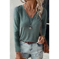 Mist Green Solid Color Long Sleeve V Neck Top - L thumbnail
