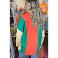 Grapefruit Orange Color Block Patchwork Collared V Neck Loose Top - L thumbnail