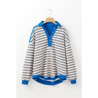 Blue Stripe Buttoned V Neck Collared Drop Shoulder Top - 2XL thumbnail