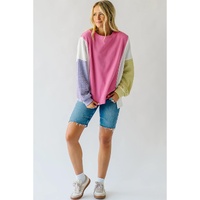 Sachet Pink Exposed Seam Striped Color Block Patchwork Long Sleeve Top - M thumbnail