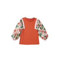 Desert Gold Floral Puff Sleeve Patchwork Round Neck Blouse - L thumbnail