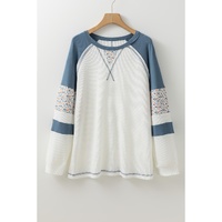White Floral Patchwork Waffle Knit Raglan Top - M thumbnail