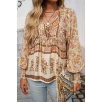 Yellow Floral Print Tie Neck Lantern Sleeve Blouse - L thumbnail