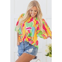 Multicolour Abstract Print Keyhole Back Pleated Half Sleeve Blouse - L thumbnail