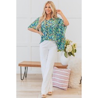 Green Abstract Print V Neck Half Sleeve Loose Fit Tunic Blouse - L thumbnail
