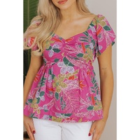 Purple Floral Print Sweetheart Neck Flutter Sleeve Blouse - L thumbnail