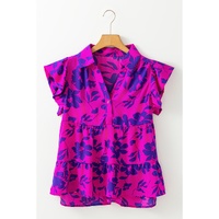 Rose Floral Print Collared Button Neckline Flutter Sleeve Blouse - L thumbnail