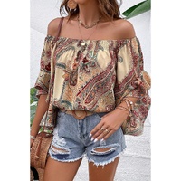 Apricot Paisley Printed Shirred Off Shoulder Ruffled Draped Sleeve Blouse - L thumbnail