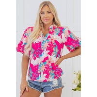 Rose Tropical Plant Printed V Neck Puff Sleeve Blouse - L thumbnail