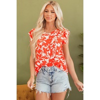 Orange Floral Ruffle Sleeve Print Top - L thumbnail