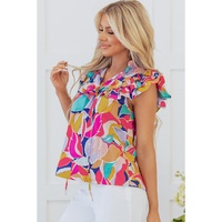 Pink Abstract Printed Ruffled Flutter Sleeve Tied Split V Neck Blouse - L thumbnail