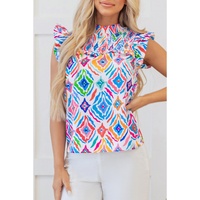 Light Blue Geometric Printed Flutter Sleeve Mock Neck Shirred Blouse - L thumbnail