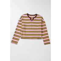 Spinach Green Clashing Stripes Waffle Texture Notched Neck Long Sleeve Top - L thumbnail