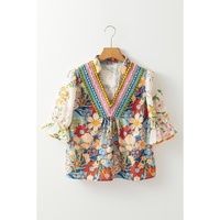 Multicolour Crochet V Neck Half Sleeve Boho Floral Blouse - S thumbnail
