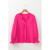 Rose Red Solid Color Shirred Cuff Notch V Neck Blouse - M thumbnail