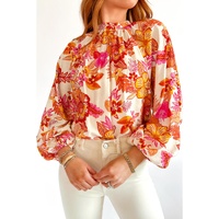 Orange Floral Print Pearl Button Keyhole Long Puff Sleeve Blouse - L thumbnail