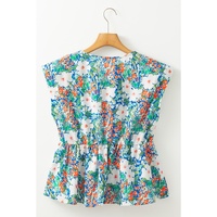 Green Floral Print Bow Applique Slit Sleeveless Peplum Blouse - XL thumbnail