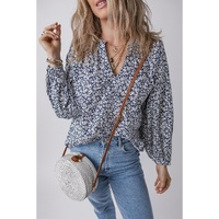 Blue Floral Print Notched V Neck Puff Sleeve Blouse - L thumbnail