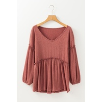 Mineral Red Solid Color Textured Frilled Trim V Neck Puff Sleeve Blouse - M thumbnail