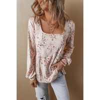 Pink Floral Print Pleated U Neck Loose Fit Blouse - L thumbnail