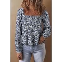 Blue Boho Floral Print Smocked Square Neck Loose Fit Blouse - L thumbnail