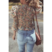 Yellow Floral Print Smocked Bubble Sleeve Ruffled Crop Top - L thumbnail