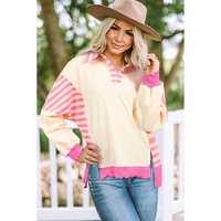 Pink Stripe Colorblock Patchwork Collared French Terry Knit Top - L thumbnail