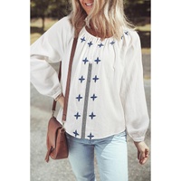 White Geometric Embroidered Long Sleeve Buttoned Blouse - XL thumbnail