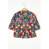 Black Tropical Print Bubble Sleeve Knot Front Blouse - L thumbnail