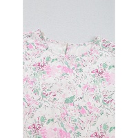 Pink Floral Print Shirred Balloon Sleeve Keyhole Back Babydoll Blouse - L thumbnail