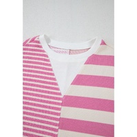 Pink Stripe Patchwork Textured Short Sleeve High Low Loose Top - L thumbnail