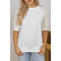White Lace Crochet Short Sleeve Round Neck T Shirt - S thumbnail
