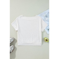 White Eyelet Pattern Boat Neck Casual Tee - M thumbnail