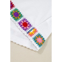 White Floral Crochet Patched Ruffled Sleeve Crewneck Blouse - L thumbnail
