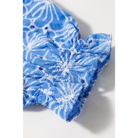 Sky Blue Eyelet Flower Embroidery Frilled Short Puff Sleeve Blouse - L thumbnail