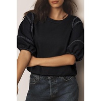 Black Contrast Stitches Detail Puffy Half Sleeve Blouse - L thumbnail