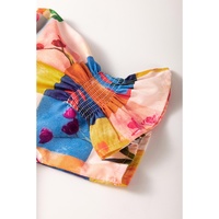 Multicolour Floral Checker Print Ruffled Short Puff Sleeve Blouse - L thumbnail