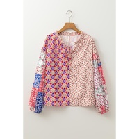 Orange Mixed Floral Printed Long Sleeve Tied V Neck Blouse - L thumbnail