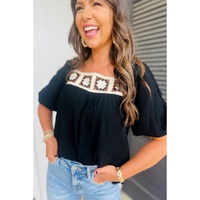 Black Flower Crochet Square Neck Textured Short Sleeve Blouse - S thumbnail