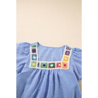 Sky Blue Stripe Textured Ruffle Short Sleeve Boho Detail Square Neck Blouse - L thumbnail