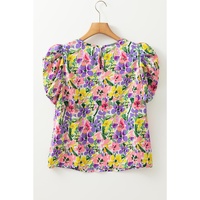 Purple Floral Print Puff Short Sleeve Crew Neck Blouse - L thumbnail