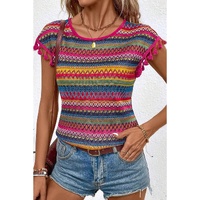 Rose Red Jacquard Textured Tasseled Cap Sleeve Top - L thumbnail